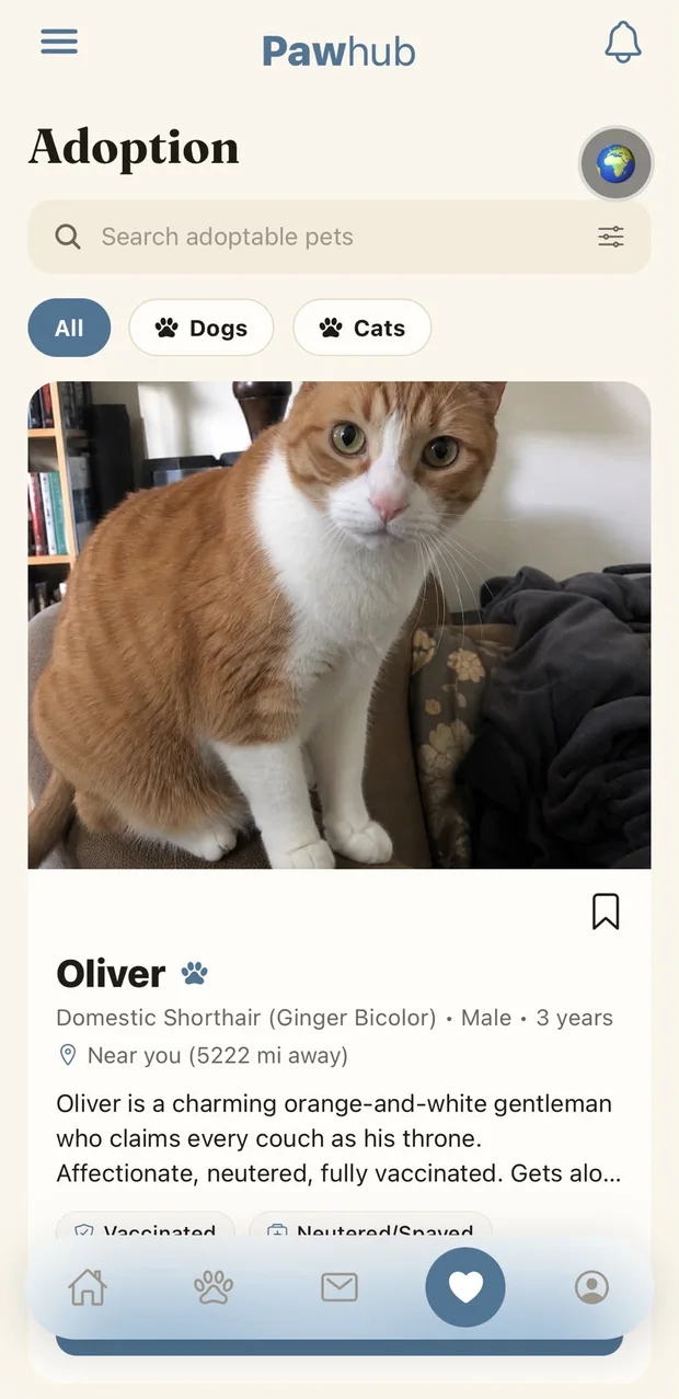 Adoption screen — pets looking for a home