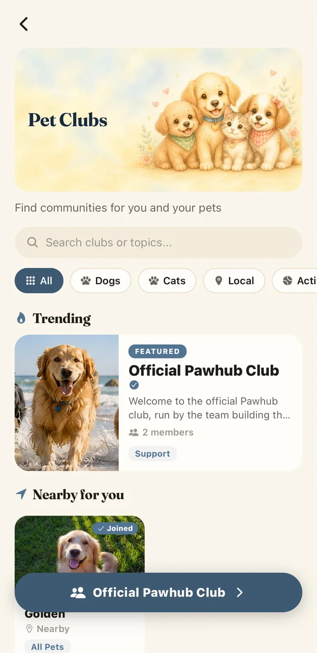 Clubs screen — local pet clubs